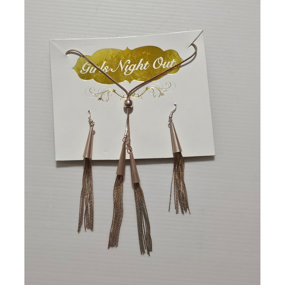 Girls Night Out Gold Tassel Necklace and Earrings Set Bolo Lariat Fringe